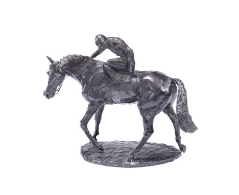 Lome McKean (British, b.1939): A patinated bronze equestrian model of a jockeythe rider seated on horseback twisting to one s