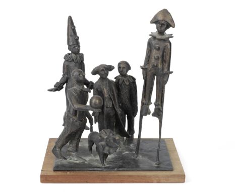 20th century schoolA group of five clowns, including one on stilts and another on a unicycle along with a clown dogbronze wit
