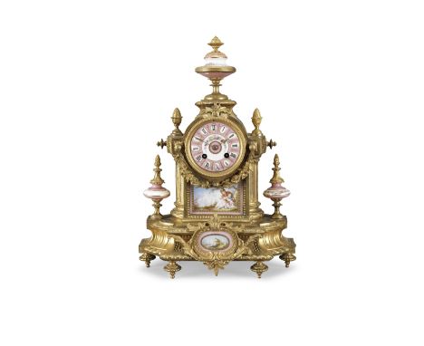 A late 19th century French gilt metal and Sevres style porcelain inset mantel clockin the Louis XVI style, signed Phillipe H.