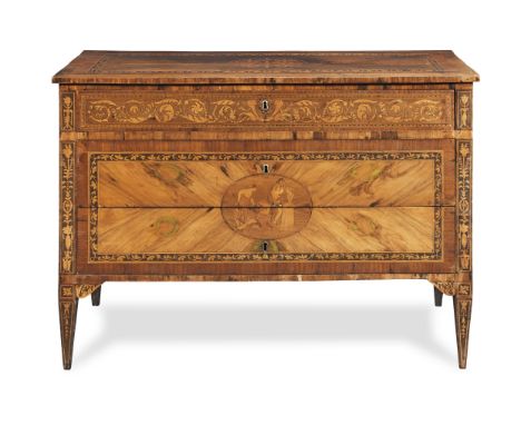 An Italian late 18th/early 19th century rosewood, bois satine, walnut, 'pastiglia' and fruitwood marquetry comodo or commodeL