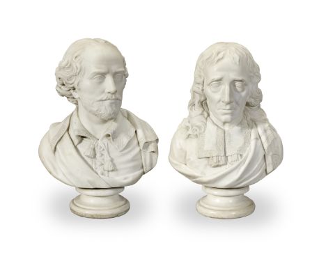 Attributed to Raffaele Monti (Italian, 1818-1881): A pair of third quarter 19th century white marble busts of Milton &amp; Sh