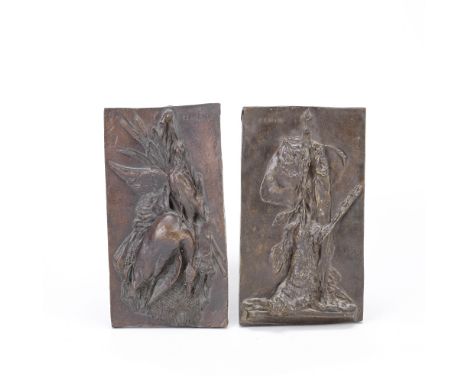 After Pierre Jules Mêne (French, 1810-1879): An associated  pair of patinated bronze plaques of gameboth of rectangular form,