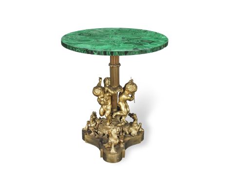 A French late 19th/early 20th century gilt bronze and malachite low gueridon or small centre table1885-1905, the circular mal