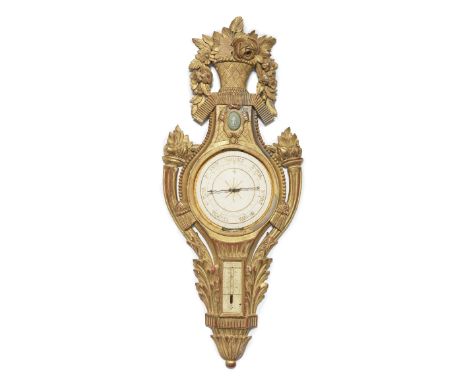 A carved giltwood wall barometer and thermometerin the Louis XVI style, the dial signed J. Blanchardthe 7'' circular later de