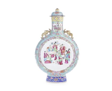 A late 19th / early 20th century Canton famille rose porcelain moon flask vase and coverof typical twin handled form, enamell