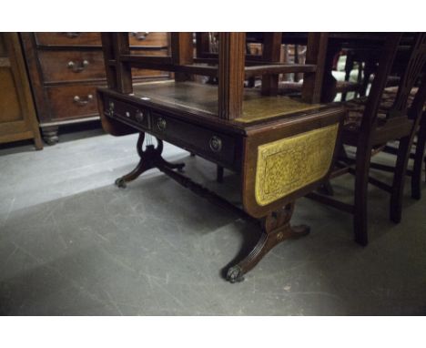 A MAHOGANY REGENCY STYLE SOFA STYLE LOW OCCASIONAL TABLE, WITH INLET LEATHER TOP, FALL ENDS WITH TWO DRAWERS 