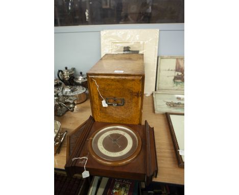 A PRE-WAR OAK CARD INDEX/FILING DRAWER, ALSO A TWENTIETH CENTURY MAHOGANY CASED ANEROID BAROMETER (2) 