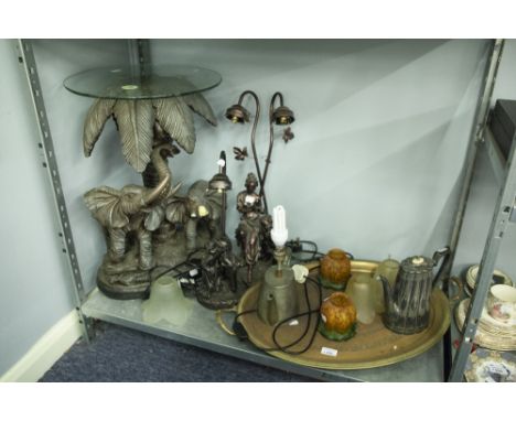 BRONZED METAL AND COMPOSITION TWIN LIGHT FIGURAL TABLE LAMP, DEPICTING A CLASSICAL LADY AND CHILD WITH MOTTLED GLASS FRILLED 