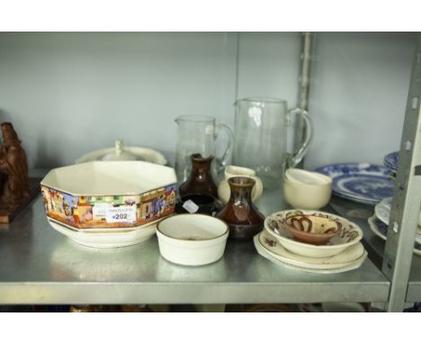 A COLLECTION OF GLASS AND CERAMIC WARES TO INCLUDE; 'JOHN BEGG'S BLUE CAP' SCOTCH WHISKY JUG, ANOTHER JUG, LOSOL WARE BOWL, A