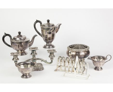 MIXED LOT OF ELECTROPLATE, to incude: FOUR PIECE PEDESTAL TEA SET, TWO TOAST RACKS, THREE LIGHT DWARF CANDELABRUM, PEDESTAL R