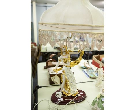 CAPO DI MONTE LARGE WHITE AND GILT CHINA FEMALE FIGURE OF A DANCER BY VITTORIO SABADIN MOUNTED ON A MAHOGANY OVAL BASE WITH L