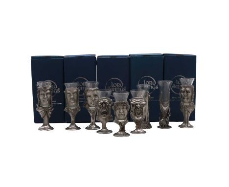 Lord of the Rings, set of nine Royal Selangor pewter shot glasses, including Aragorn, Celeborn, Arwen, Minas Tirith, Hobbit, 