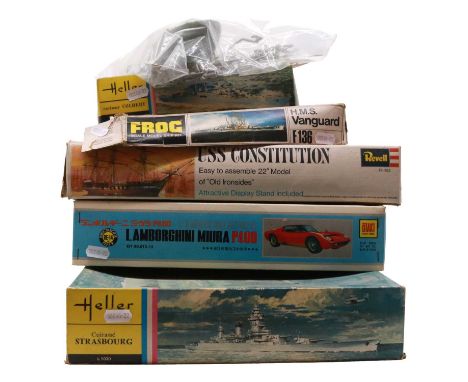 Five model ship and vehicle kits, including Heller ref. L1030 'Strasbourg'; L860 'Colbert'; Otaki Lamborghini Miura P400; Rev