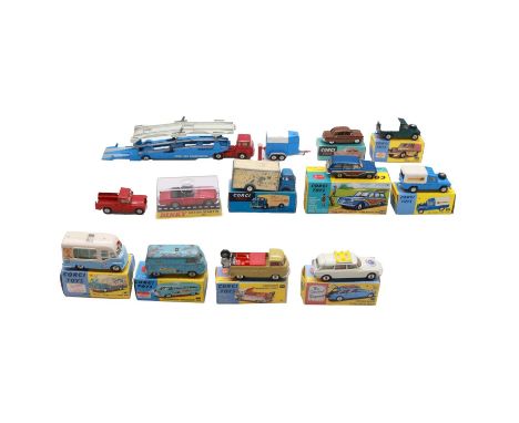 Corgi and assorted die-cast vehicles, mostly playworn, repainted, or modern, including Corgi Carrimore Car Transporter with B