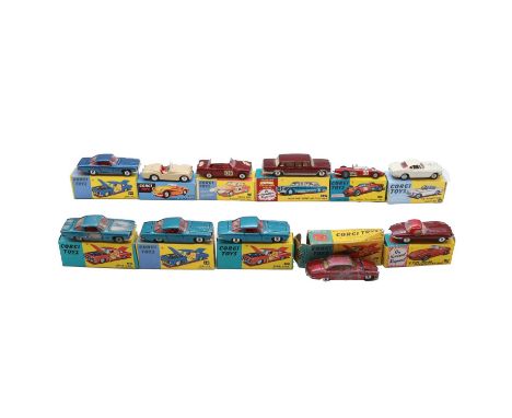 Eleven Corgi die-cast vehicles, playworn or repainted, including four Ghia L6.4 with Chrysler V8 engines, ref. 241; Jaguar Ma