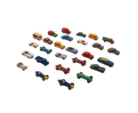 Dinky die-cast model vehicles, twenty-eight including ref.159 Morris Oxford; ref. 23H Ferrari (x2); ref. 480 Kodak van; ref. 