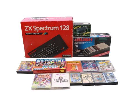 ZX Spectrum 128, boxed with literature and cables, together with Bush 3160 cassette recorder and DK'tronics joystick Interfac