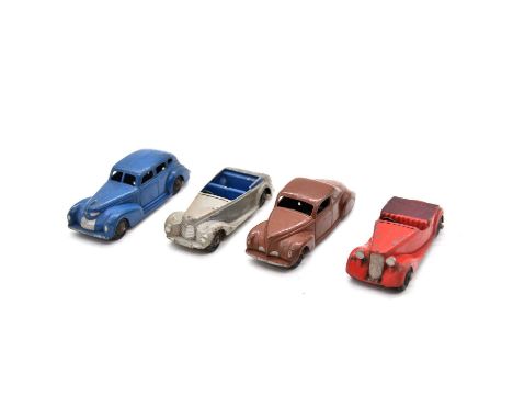 Sixteen Dinky die-cast model vehicles, all play-worn, including: ref. 39E Chrysler, blue, black hubs; ref. 39C Lincoln Zephyr