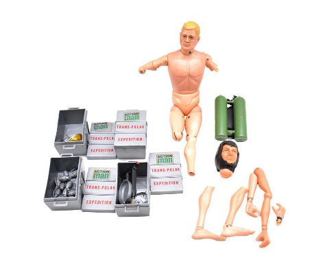 1960s Action Man, blond, all limbs damaged, with a collection of spare parts