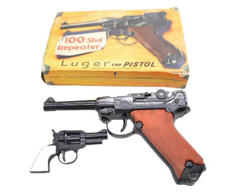 Lone Star cap guns, two including Luger cap pistol, boxed, no caps included; Gambler spud gun
Qty: 2