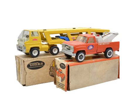 Tonka Toys vehicles, two including ref. 2845 Car Carrier, with three cars, boxed; ref. 2522 Tonka Wrecker, boxed but box dama