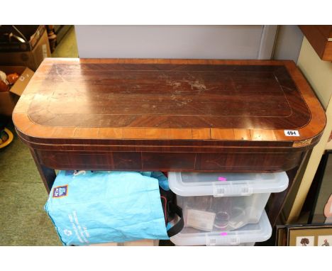 19thC Walnut Inlaid fold over card table over tapering legs 