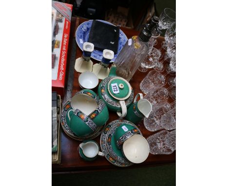 Maling Fruit decorated green ground with underglaze mark to base, Burgess Luton table water bottle, Spode plate and a set of 