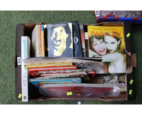Box of assorted Vintage 1960s &amp; 70s pop culture books top include Germaine Greer, rolling stones etc