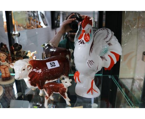 Beswick Hereford Champion Bull with Calf and a Foley Bone China Cockerel 