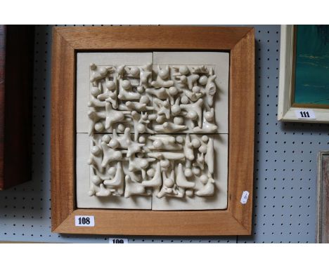 Leonard Edger Clay Pits Ewenny Pottery Abstract Art Pottery square sculpture in Teak Frame. 31cm x 31cm 