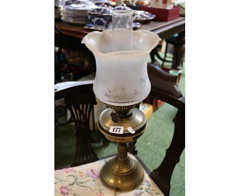 Brass Converted Oil Lamp with etched glass shade and Chimney 