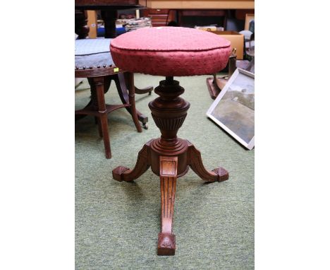 Victorian Walnut adjustable circular piano stool on tripod base 