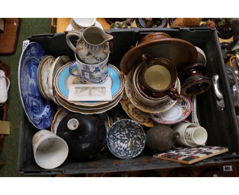 Box of assorted ceramics and bygones to include Prattware Jug, Copeland Spode etc 