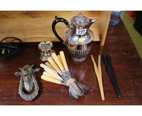 Brass Door Knocker in the form of a Bulls Head and assorted Silver plated tableware 