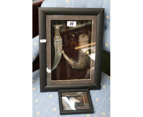 Ottoman Empire type Jambiya in glazed case and a Silver Model of a sailing boat framed and glazed 