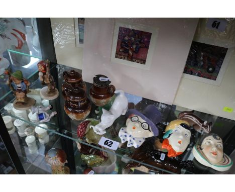 3 Piece Royal Doulton cruet set, 2 Hummel figures 2 Art Deco Face wall masks and assorted ceramics 