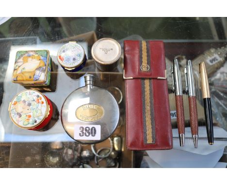 Tray of small collectables to include Enamel pots, Dalvey Spirit Flask, Gucci Glasses case etc 