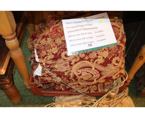 6 Good quality Curtains to include Heavy Damask fully lined - See lot pictures for sizes 