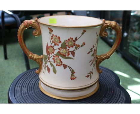 Large English Royal Worcester Blush Ivory two handled loving cup with puce mark to base 15.5cm in Height 