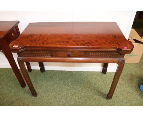 Good quality Mahogany Aesthetics movement Card table with carved front over Asian influenced legs 