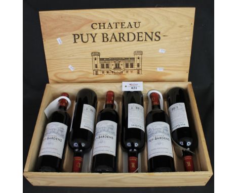 Six bottles Chateau Puy-Bardens Grand Vin de Bordeaux, 2007, in original wooden crate, marked Premiere Cotes de Bordeaux. (6)
