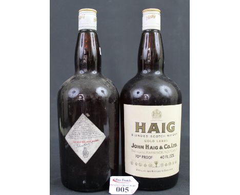 Two bottles of Haig blended scotch whisky gold label, John Haig and Co. Ltd. distillers, Markinch, Scotland. 70% proof, 40 fl
