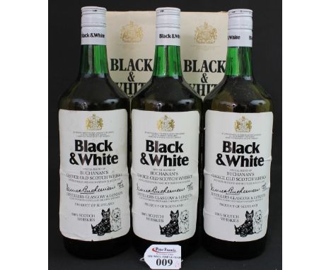 Three bottles of black and white special blend of Buchanan's choice old Scotch whisky, two with boxes.  CONDITION REPORT: All