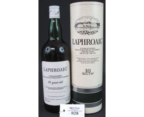 Laphroaig Unblended Islay Malt Scotch Whisky, 10 years old, distilled and bottled in Scotland by D. Johnston and Co. 43% vol.