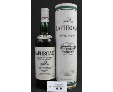 Laphroaig single islay malt Scotch whisky, ten years old distilled and bottled in Scotland by D. Johnston and Co, 40% vol 70c