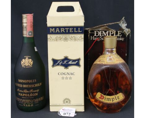 Bottle of Martell Three Star Cognac in original square section box with Customs seal, together with Monopoles Alfred Rothschi