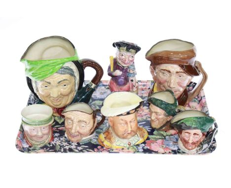 Two large and three small Royal Doulton character jugs, Falcon ware and Beswick character jugs and Melba ware toby jug (8)