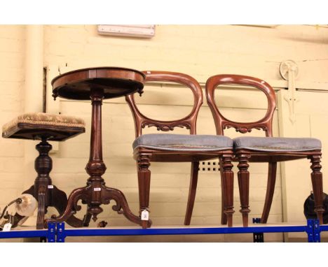 Pair of Victorian mahogany side chairs, tripod occasional table and revolving piano stool (4)