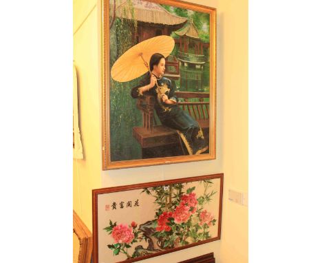 Oriental silk picture and a large portrait (2)