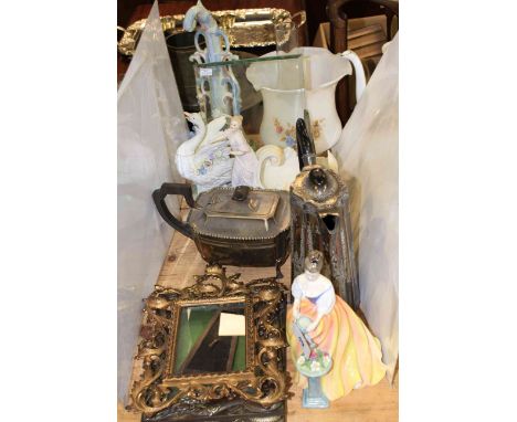 Royal Doulton 'Alexandra' figure, silver plate teapot and coffee pot, Bisque and pottery groups, photograph frames, etc